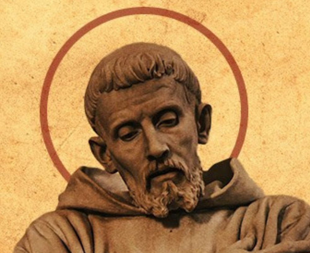 Statue of St. Francis of Assisi encircled by a red halo, from the Sign of Contradiction film poster